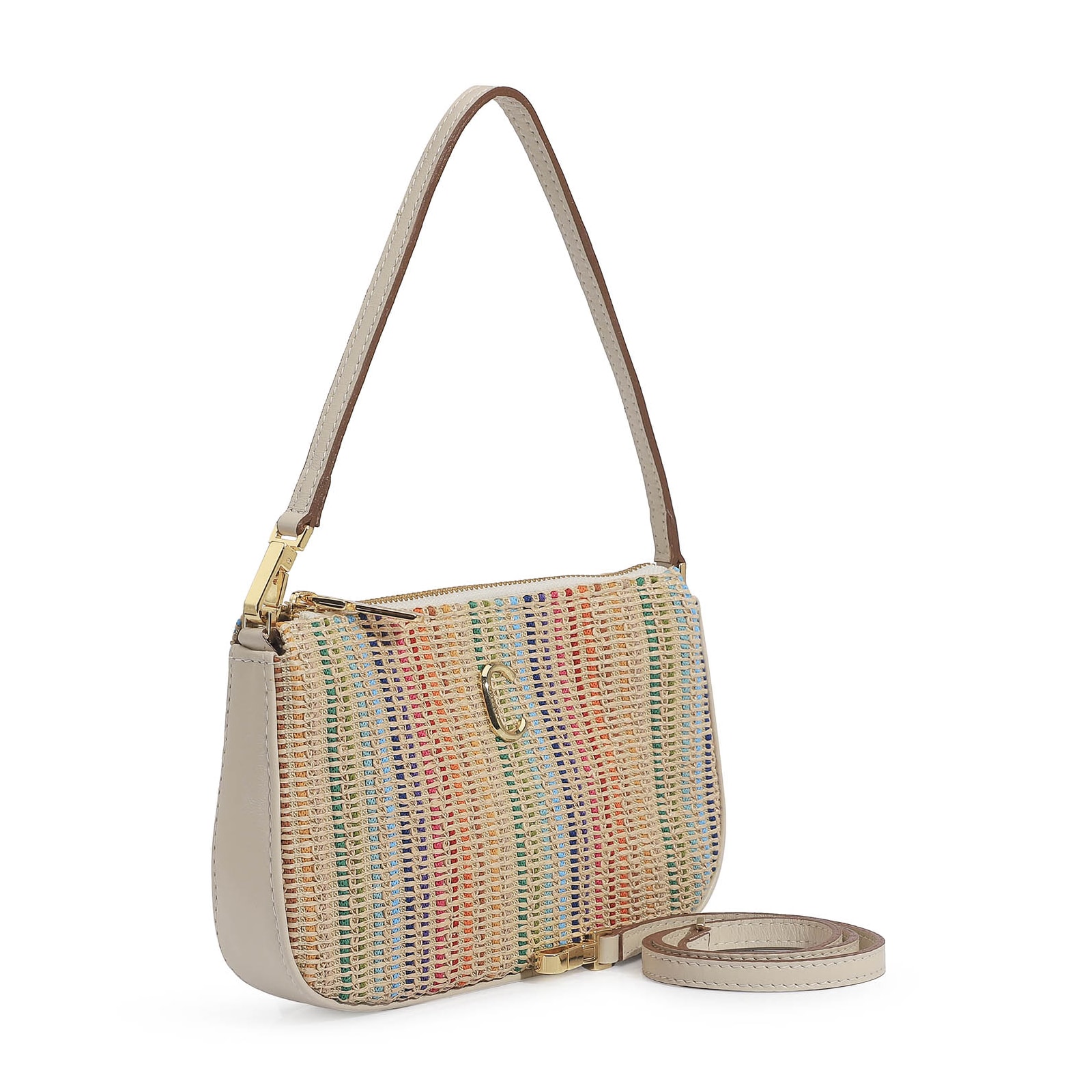 Bolsa De Ombro Ráfia Colorida/Couro Off White
