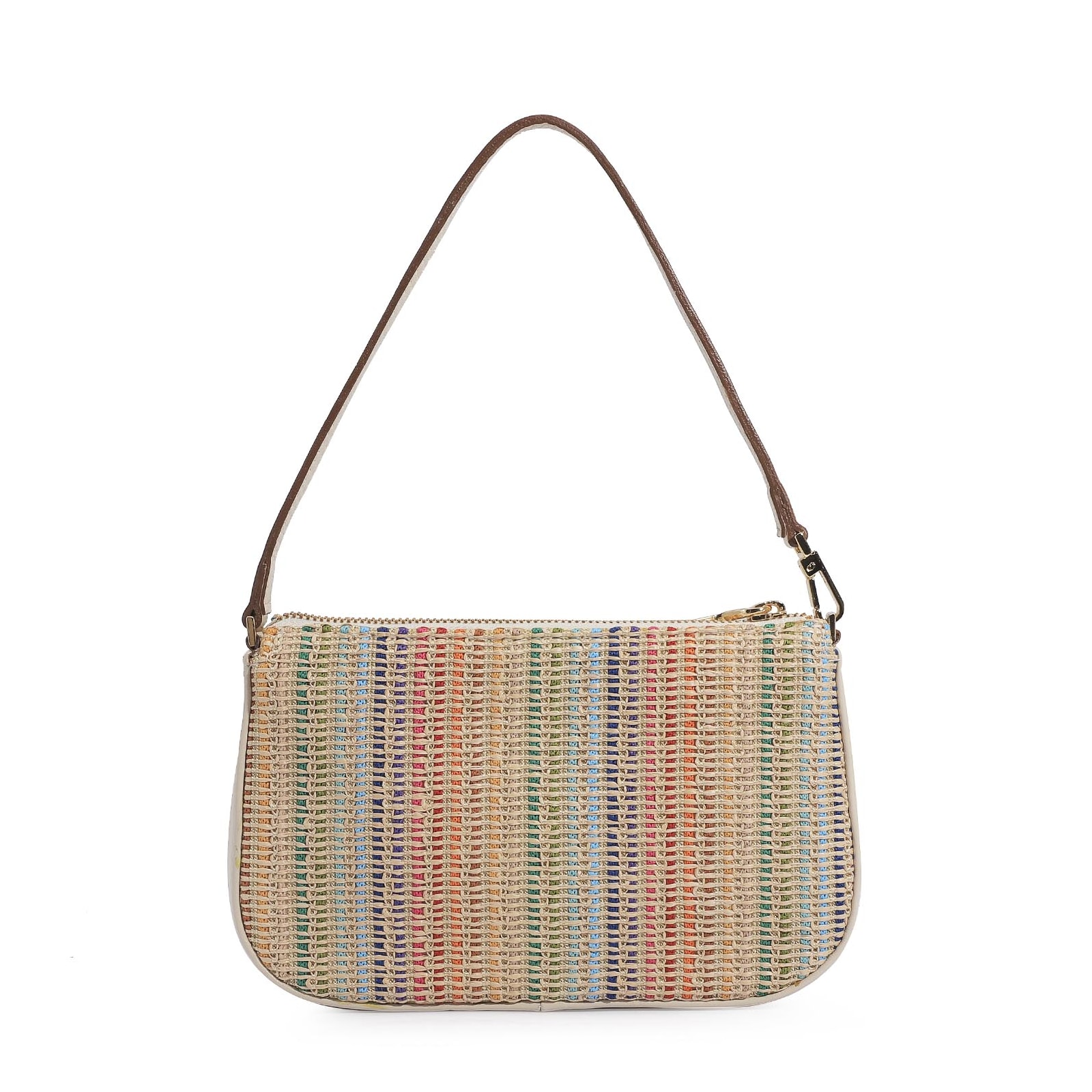 Bolsa De Ombro Ráfia Colorida/Couro Off White