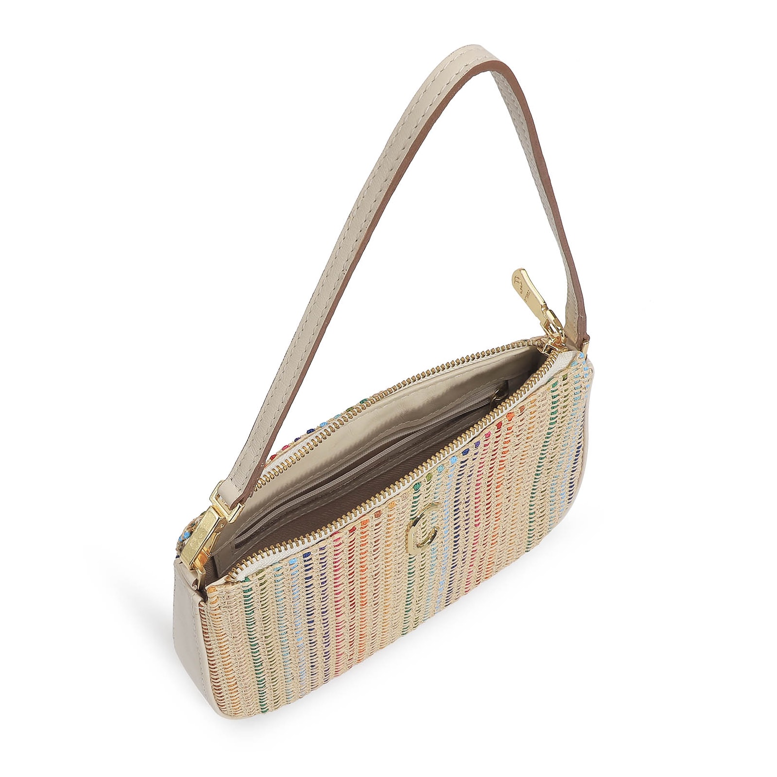 Bolsa De Ombro Ráfia Colorida/Couro Off White