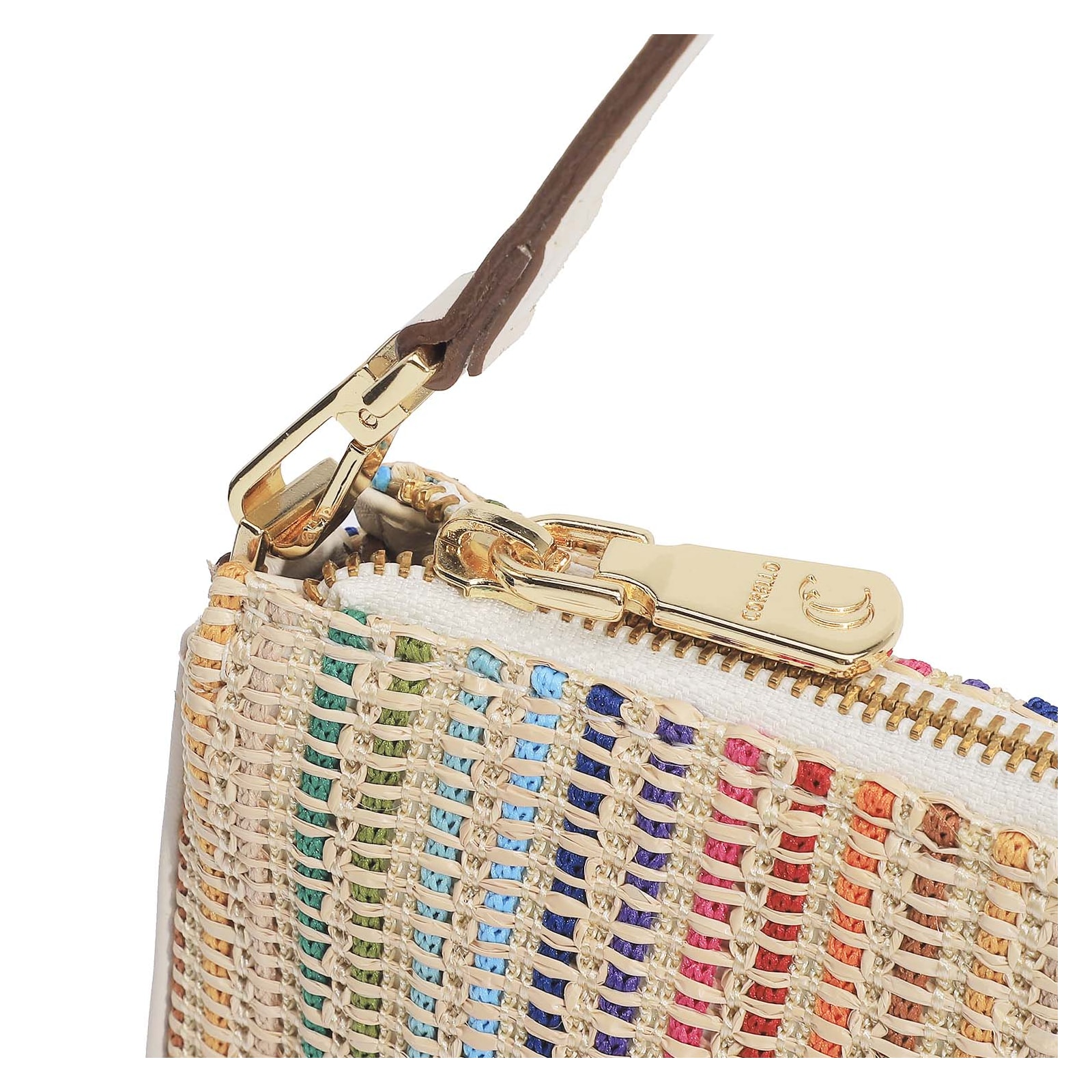 Bolsa De Ombro Ráfia Colorida/Couro Off White
