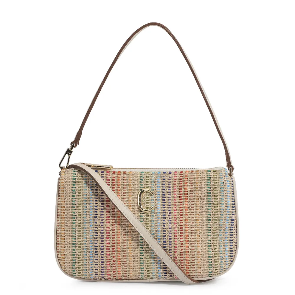 Bolsa De Ombro Ráfia Colorida/Couro Off White