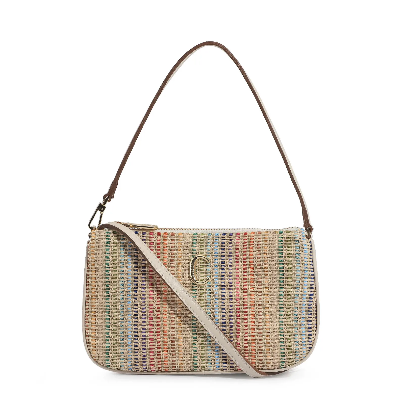 Bolsa De Ombro Ráfia Colorida/Couro Off White