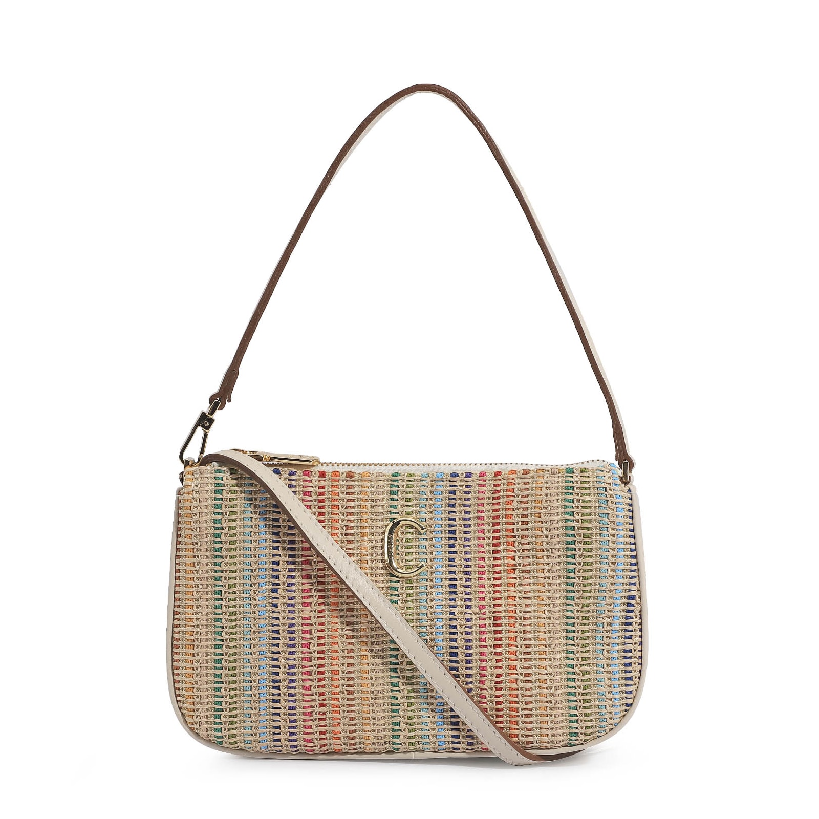 Bolsa De Ombro Ráfia Colorida/Couro Off White