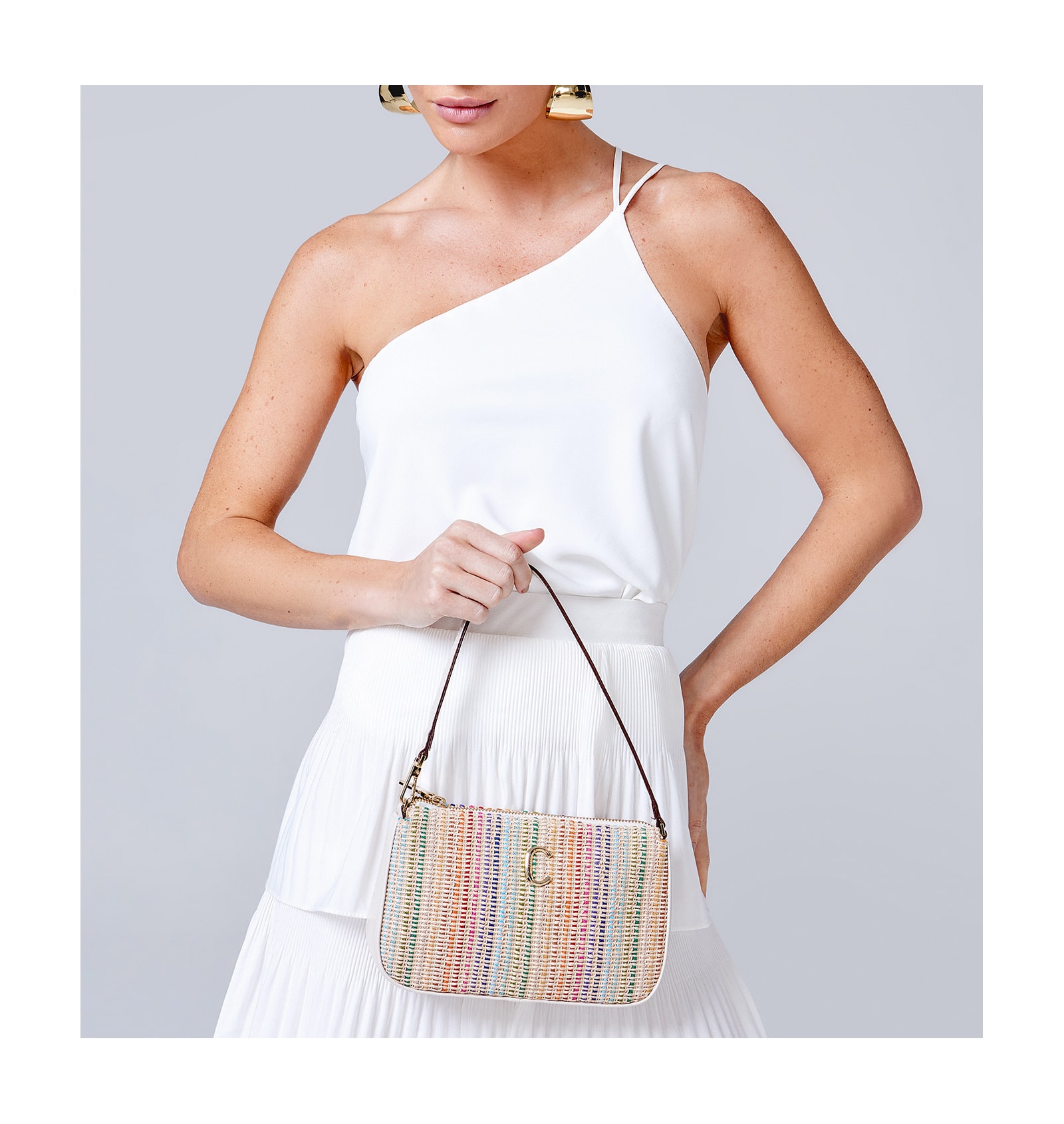 Bolsa De Ombro Ráfia Colorida/Couro Off White