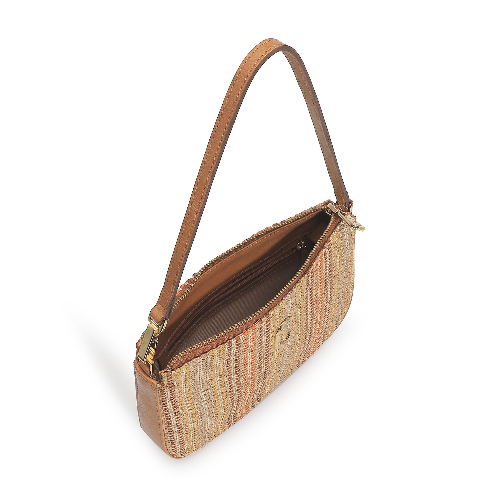 Bolsa De Ombro Ráfia/Couro Caramelo