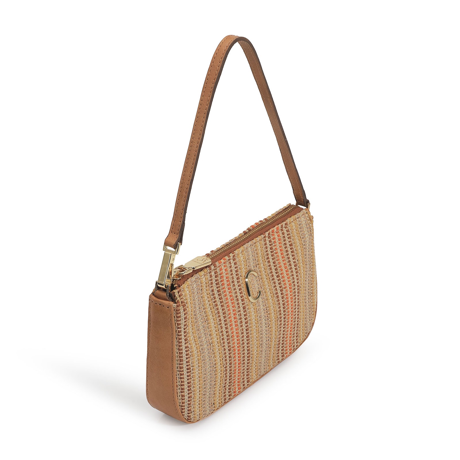 Bolsa De Ombro Ráfia/Couro Caramelo