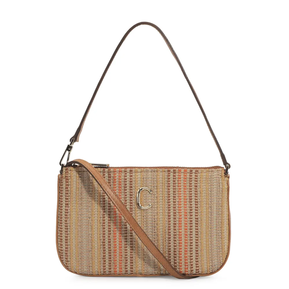 Bolsa De Ombro Ráfia/Couro Caramelo