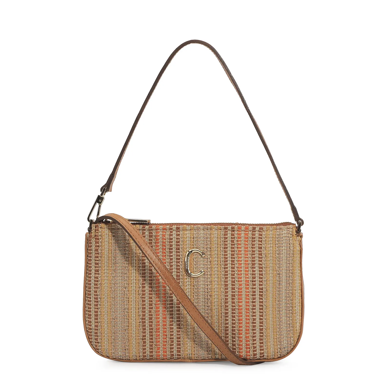 Bolsa De Ombro Ráfia/Couro Caramelo