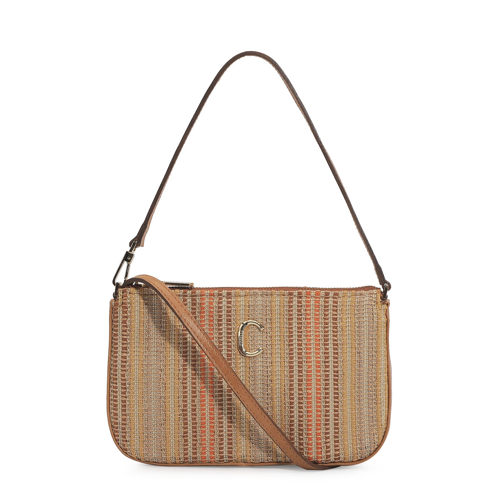 Bolsa De Ombro Ráfia/Couro Caramelo