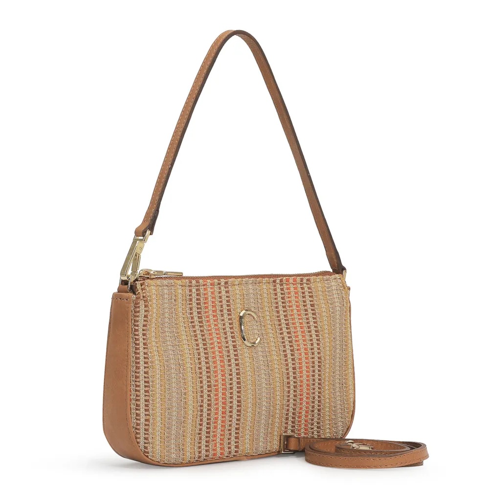 Bolsa De Ombro Ráfia/Couro Caramelo - imagem 2