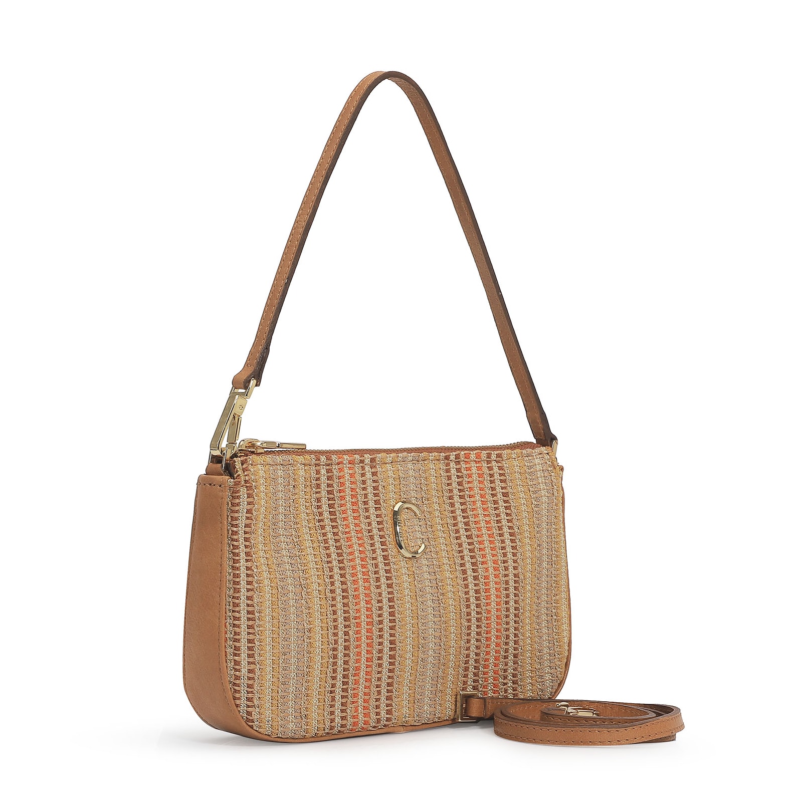 Bolsa De Ombro Ráfia/Couro Caramelo