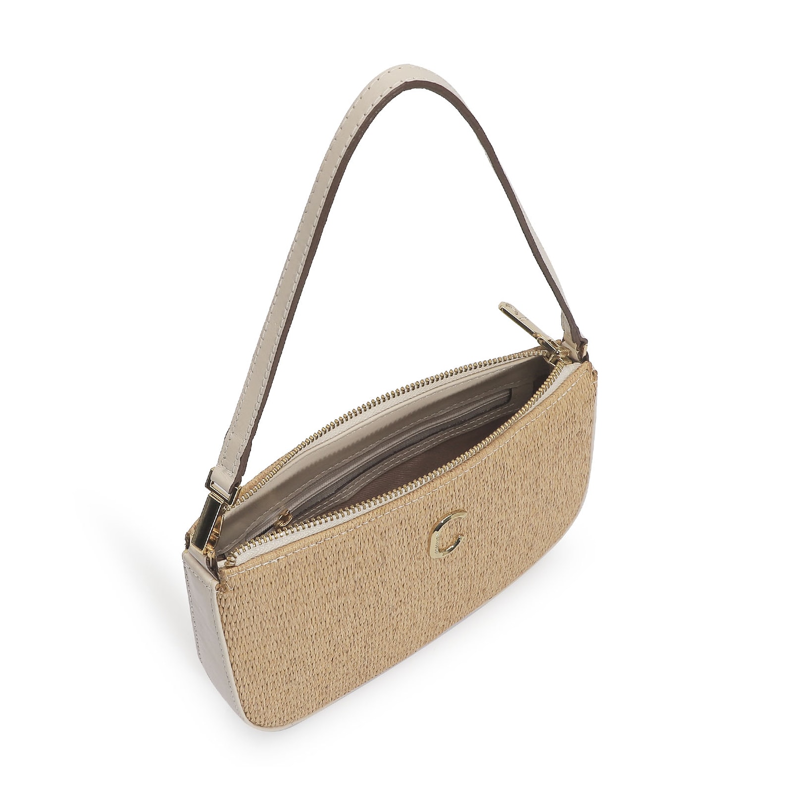 Bolsa De Ombro Ráfia/Couro Off White