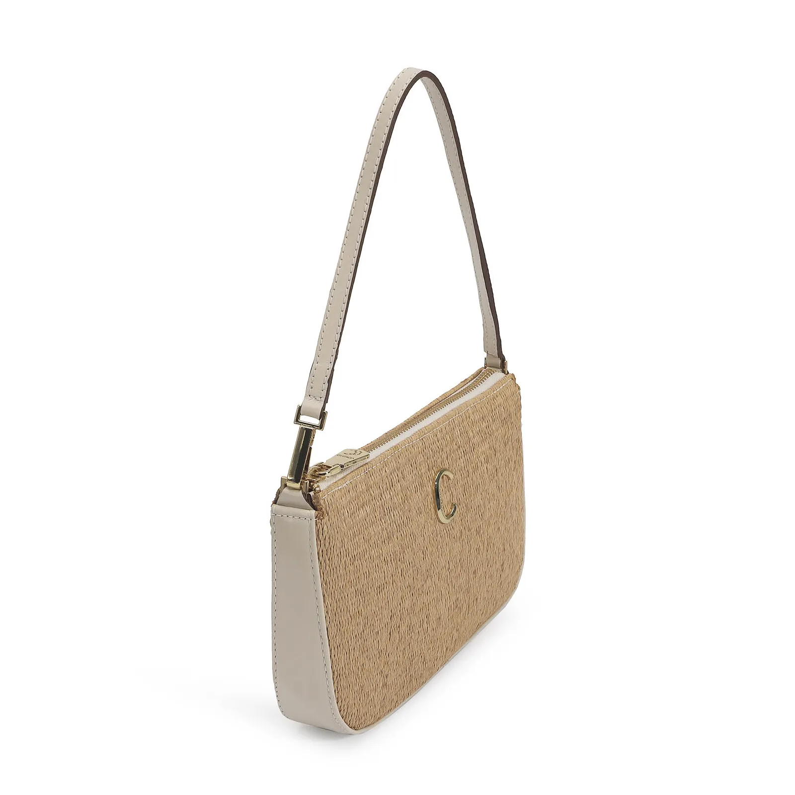 Bolsa De Ombro Ráfia/Couro Off White