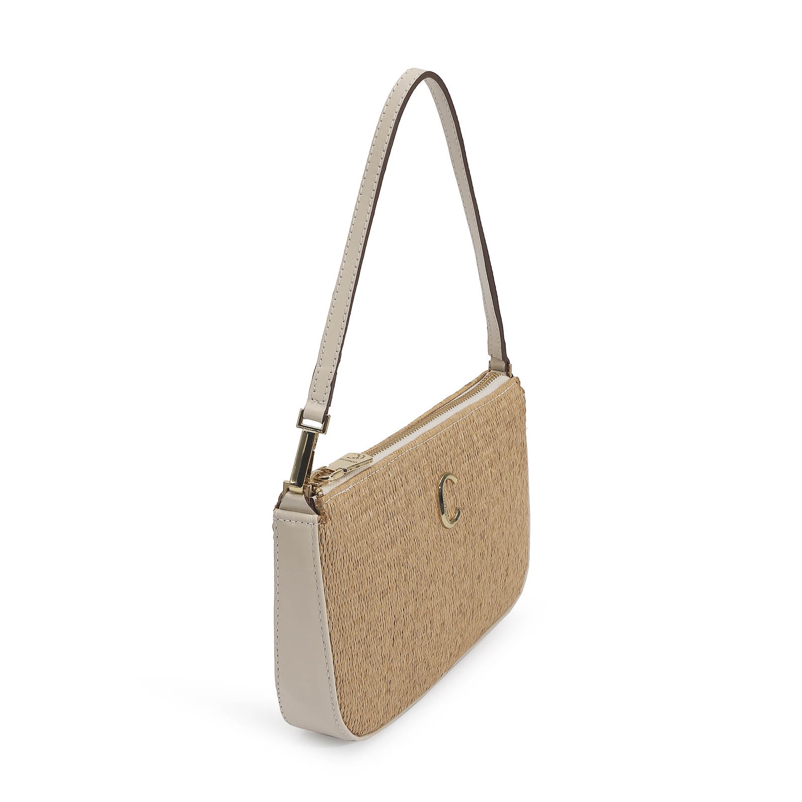 Bolsa De Ombro Ráfia/Couro Off White