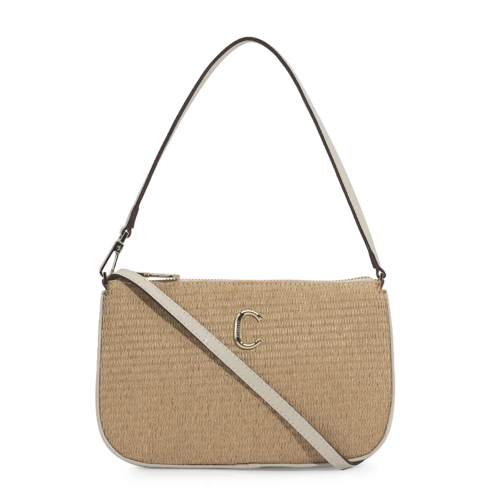 Bolsa De Ombro Ráfia/Couro Off White