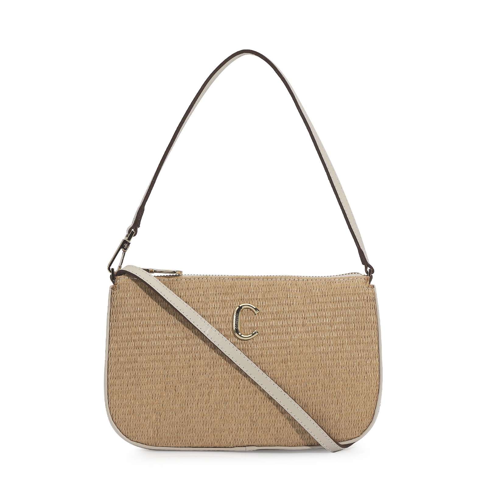 Bolsa De Ombro Ráfia/Couro Off White