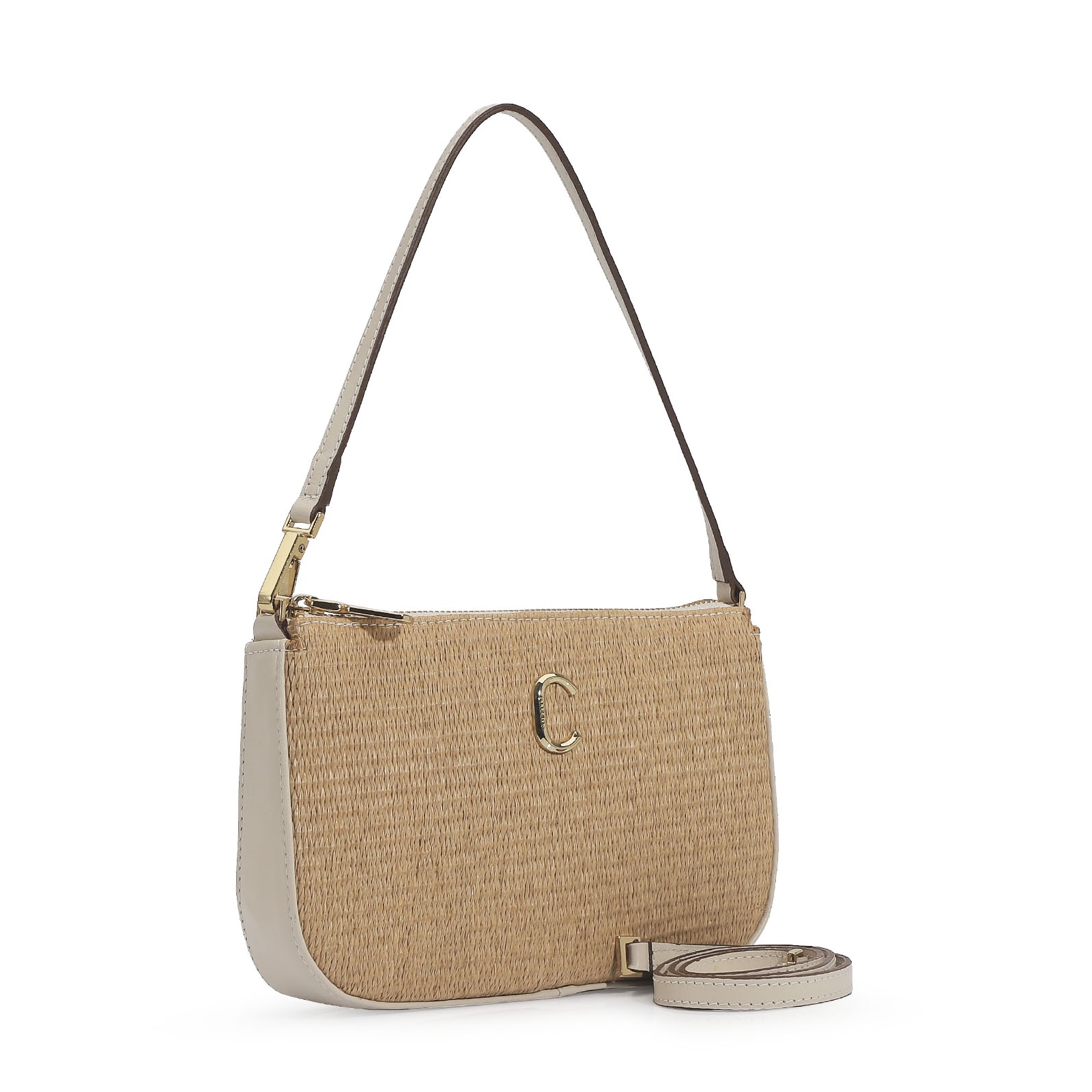Bolsa De Ombro Ráfia/Couro Off White