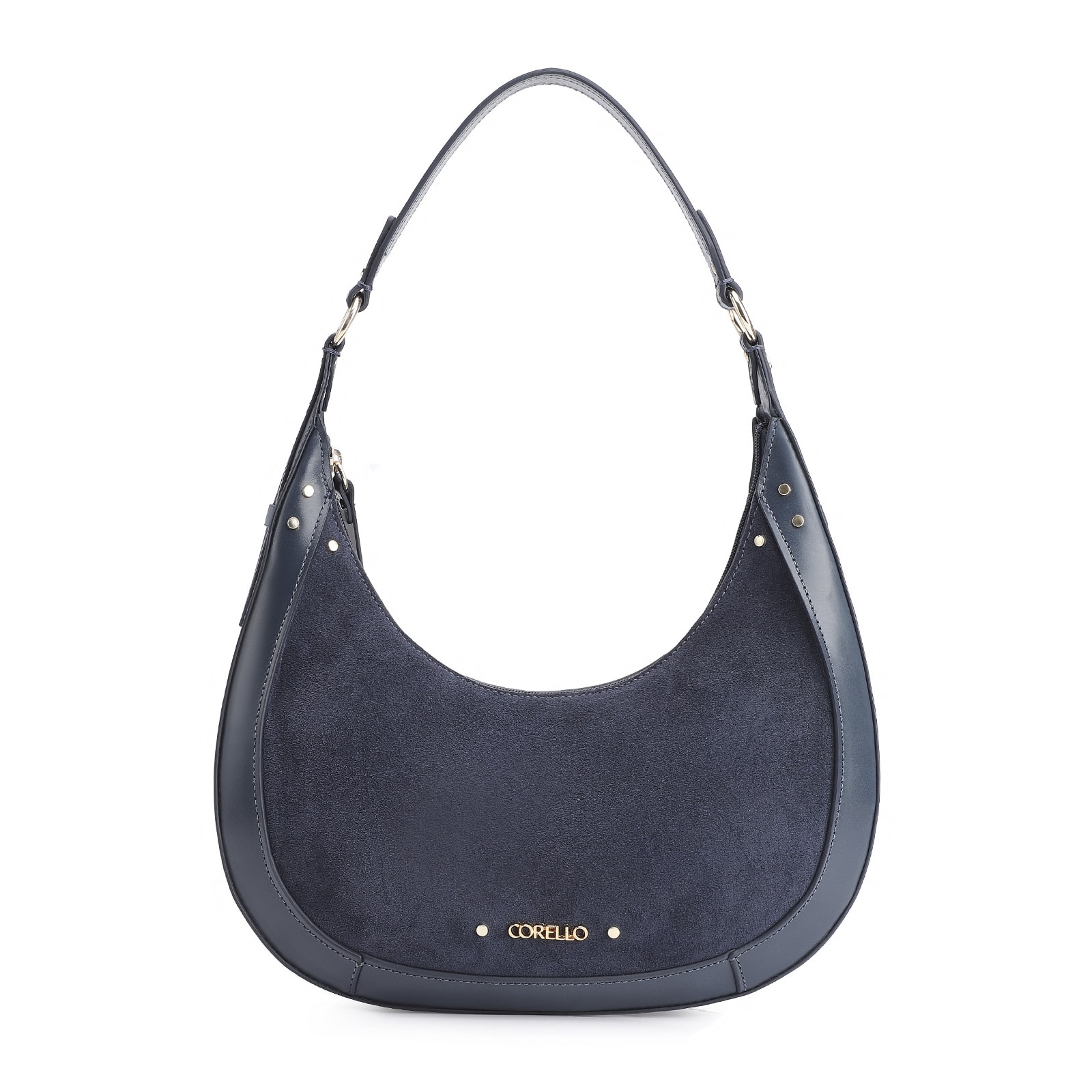 Bolsa De Ombro Rebites Couro Camurça Azul/Couro Azul
