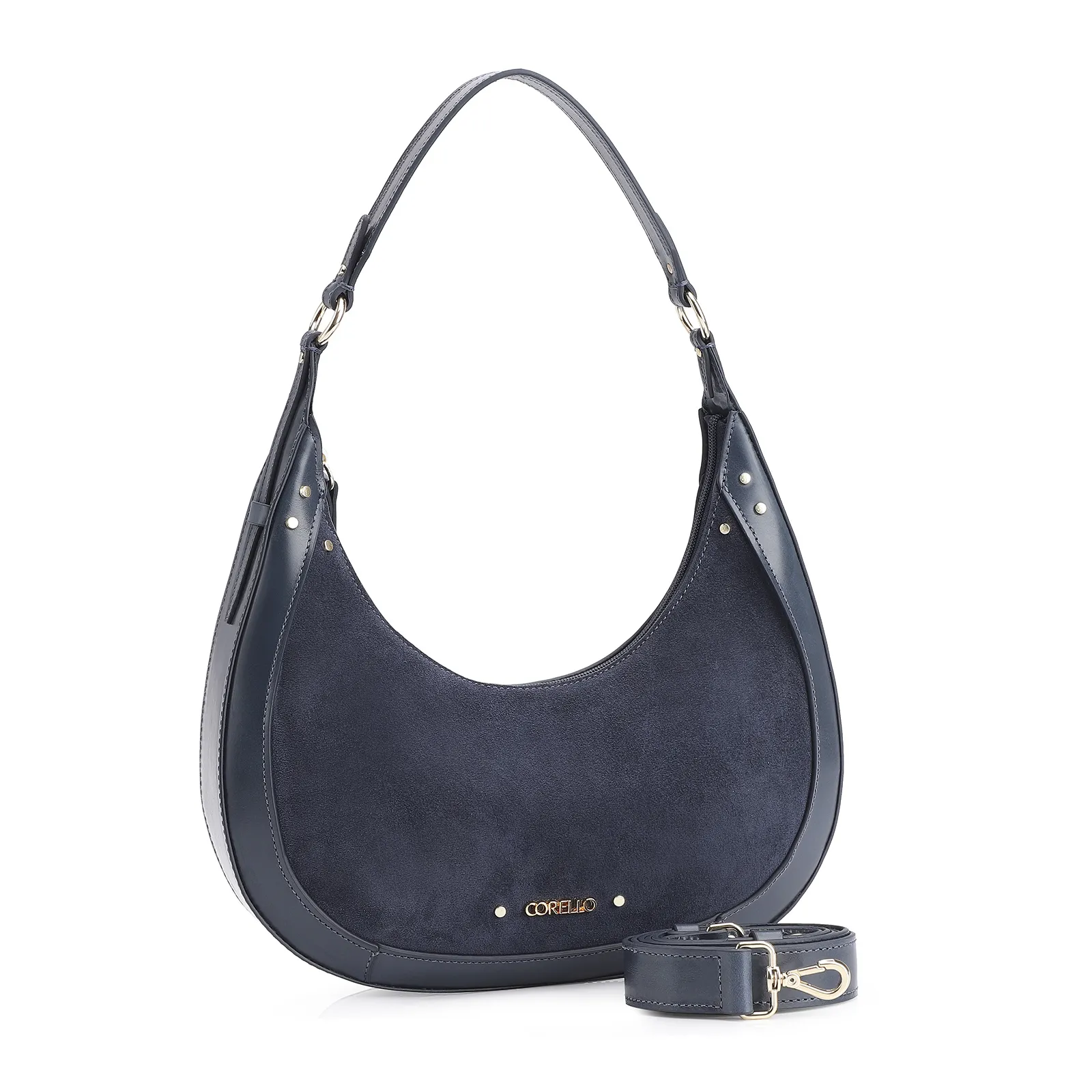Bolsa De Ombro Rebites Couro Camurça Azul/Couro Azul