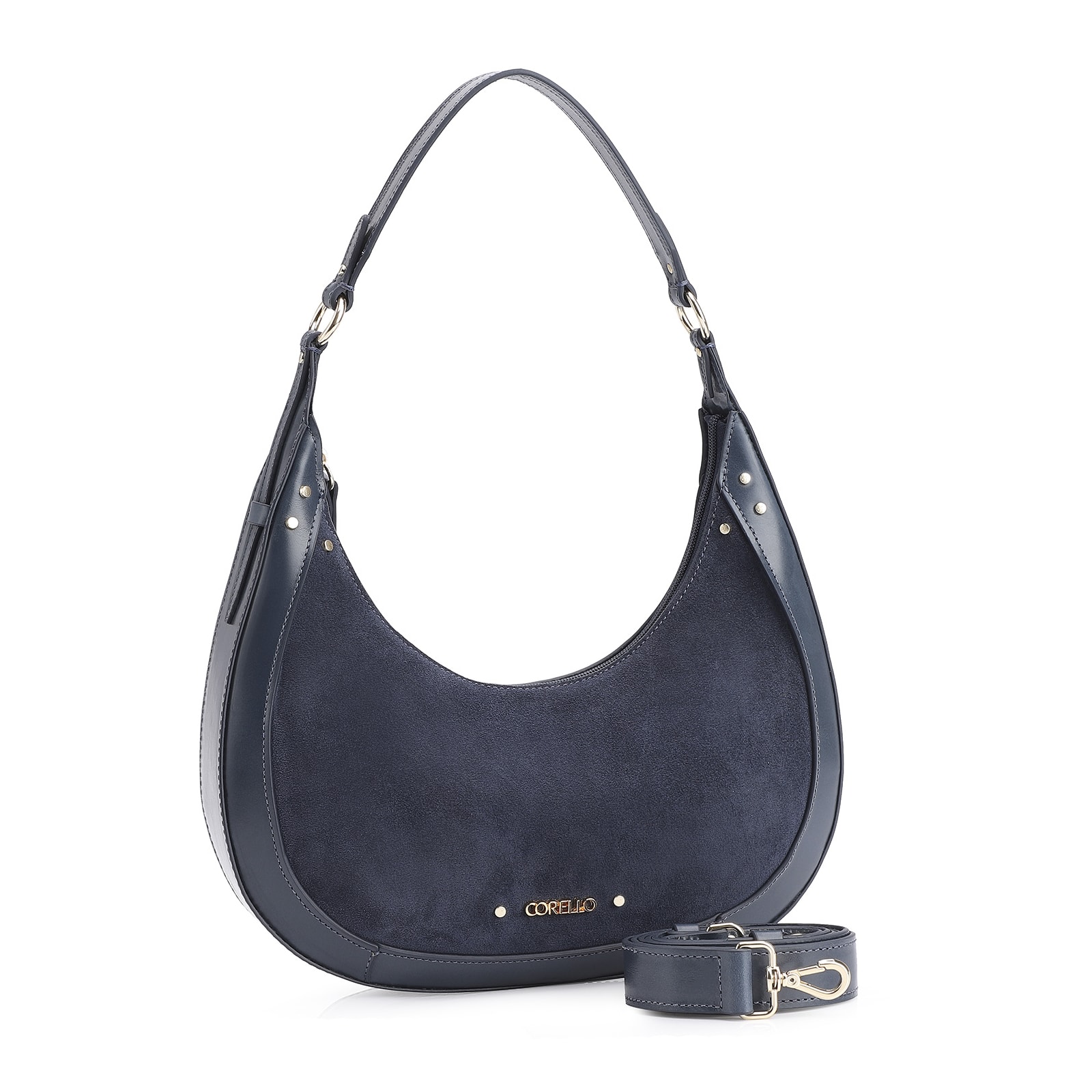 Bolsa De Ombro Rebites Couro Camurça Azul/Couro Azul