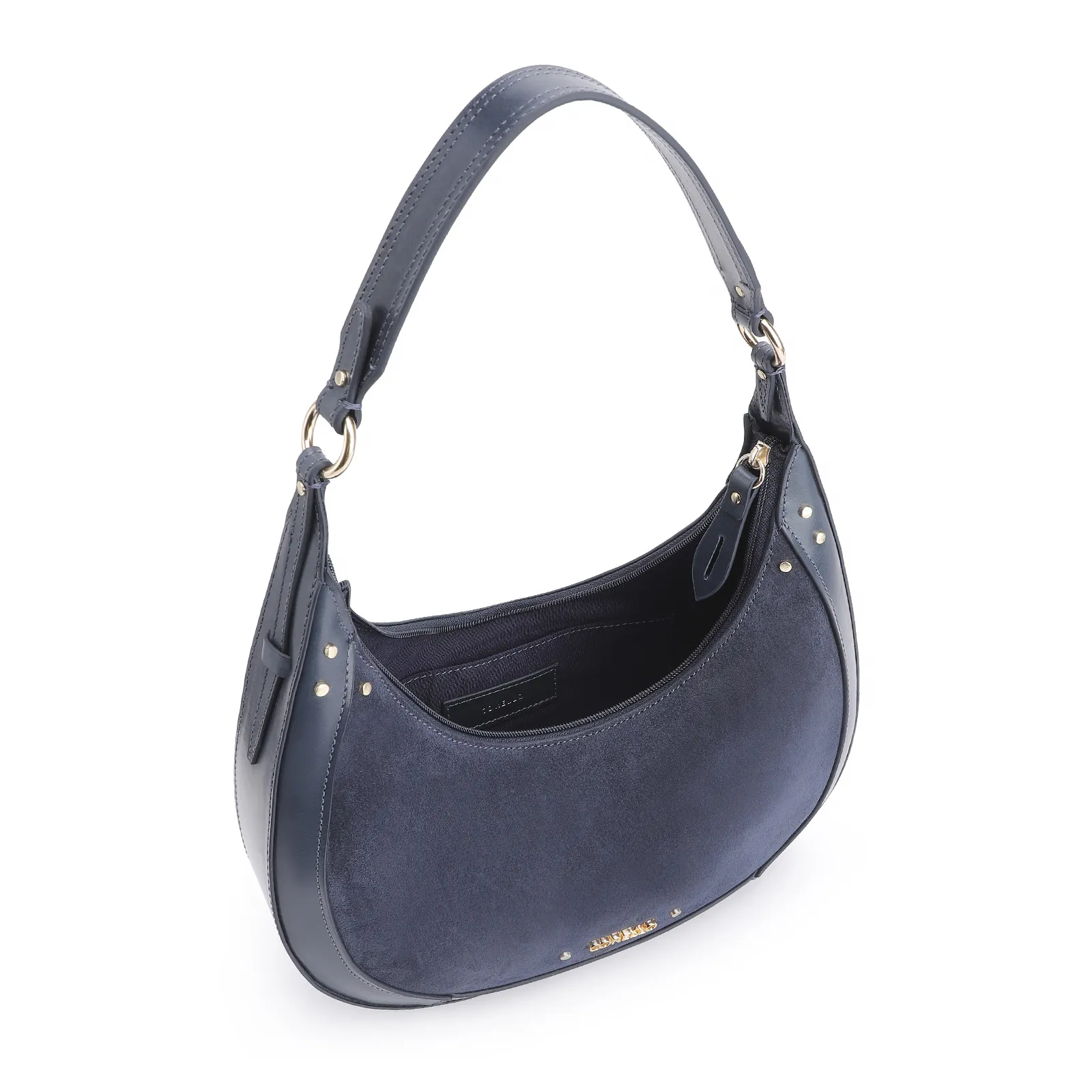 Bolsa De Ombro Rebites Couro Camurça Azul/Couro Azul