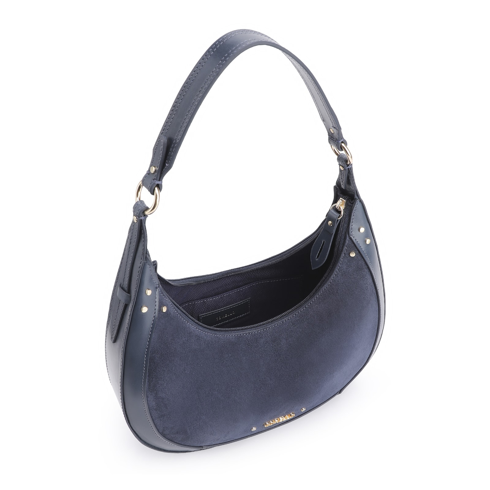 Bolsa De Ombro Rebites Couro Camurça Azul/Couro Azul