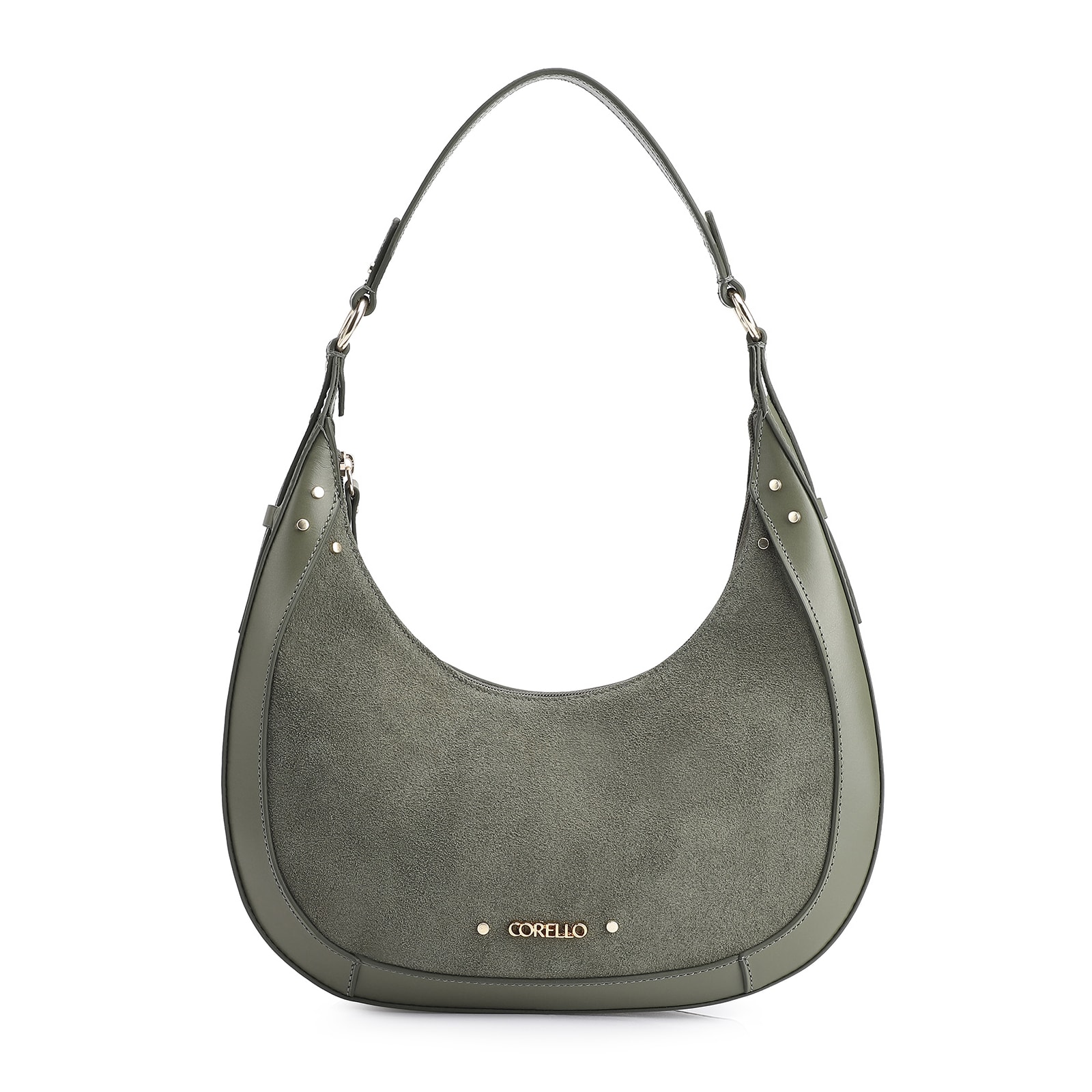 Bolsa De Ombro Rebites Couro Camurça Verde/Couro Verde