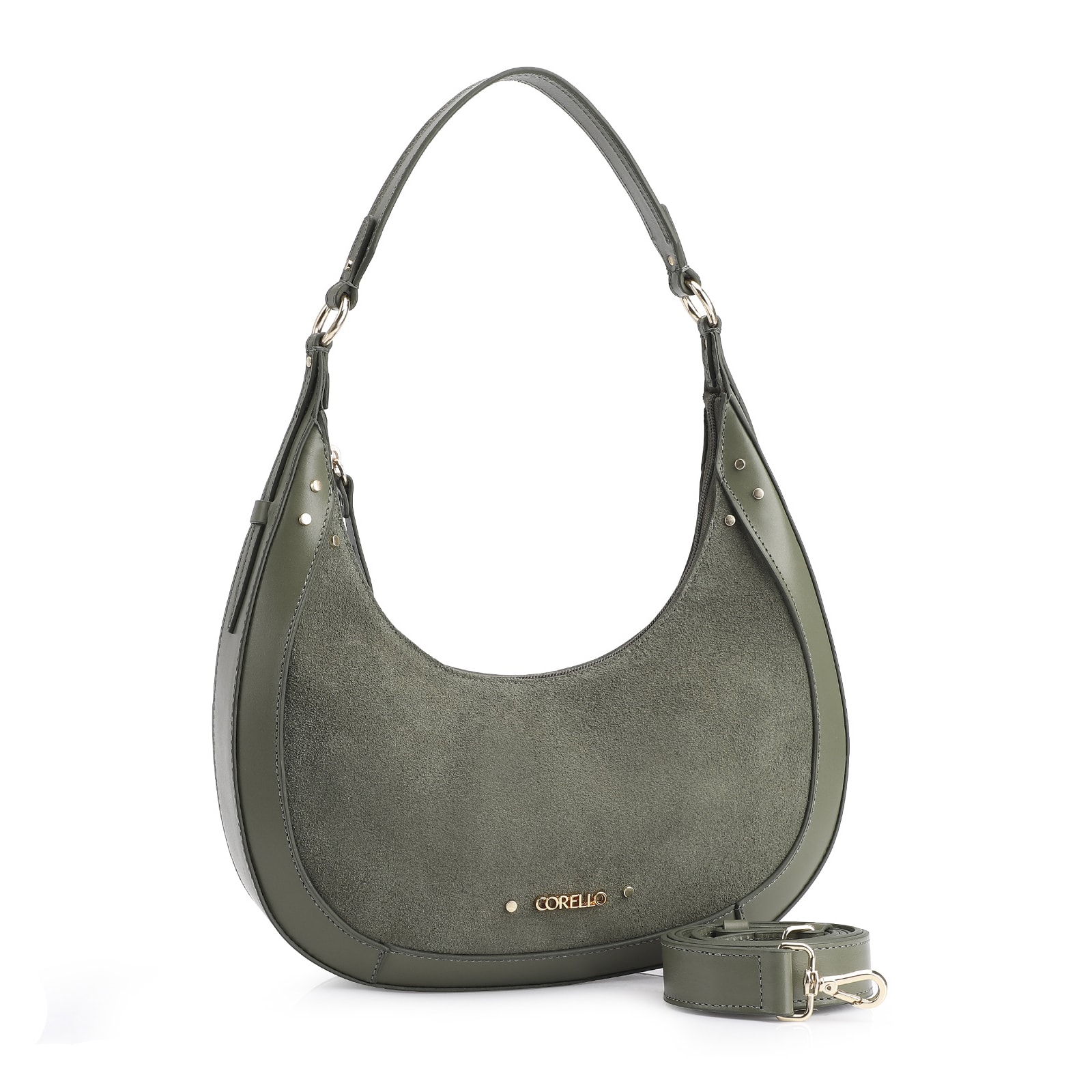 Bolsa De Ombro Rebites Couro Camurça Verde/Couro Verde