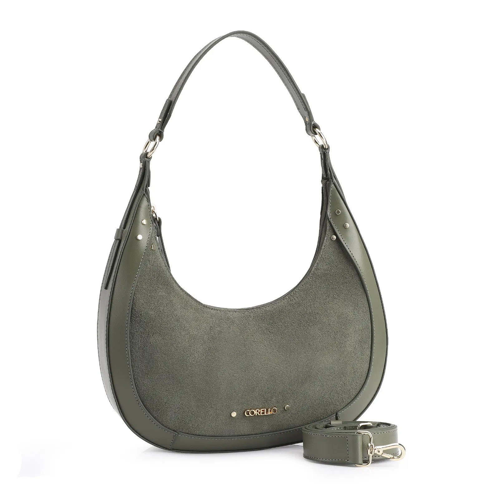 Bolsa De Ombro Rebites Couro Camurça Verde/Couro Verde