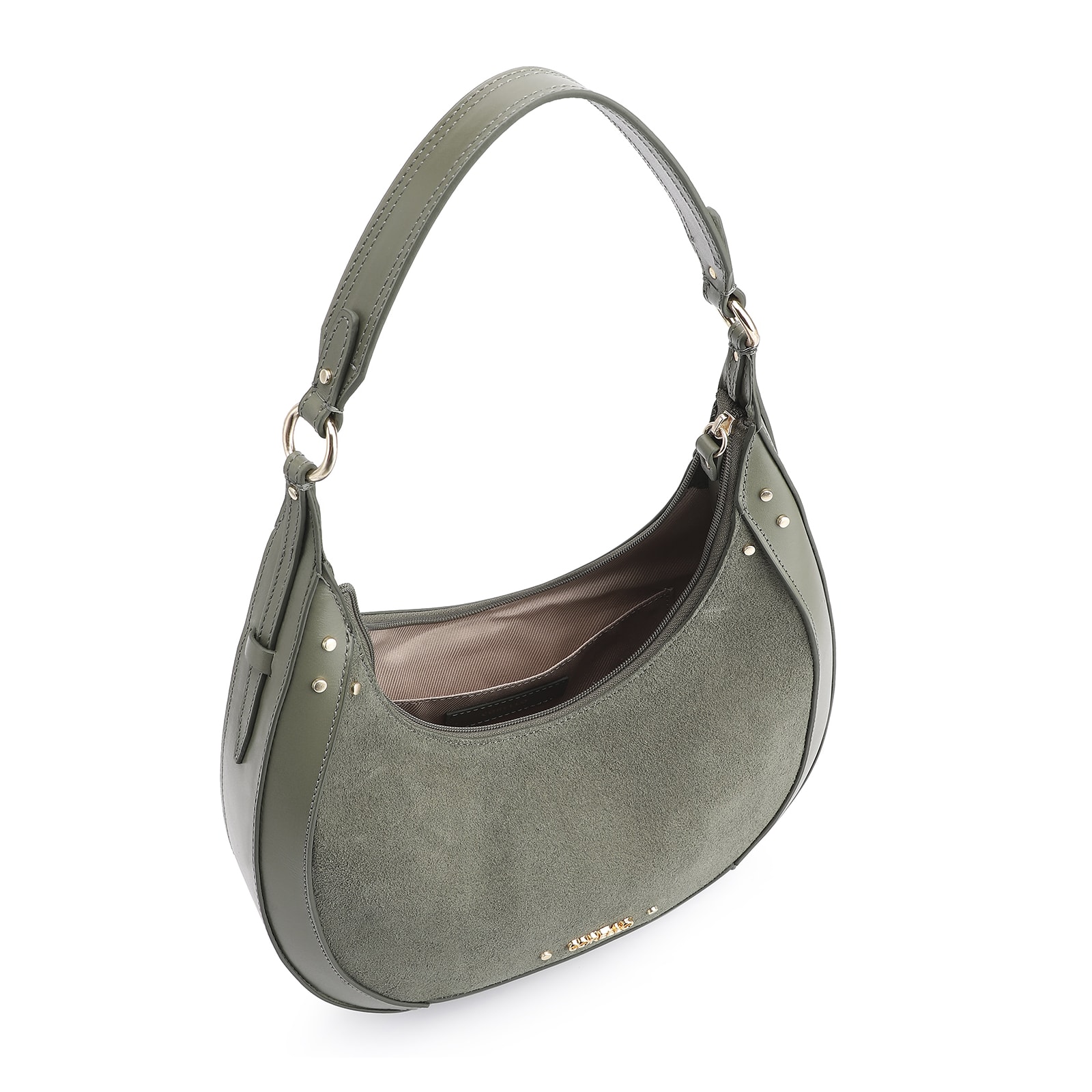 Bolsa De Ombro Rebites Couro Camurça Verde/Couro Verde