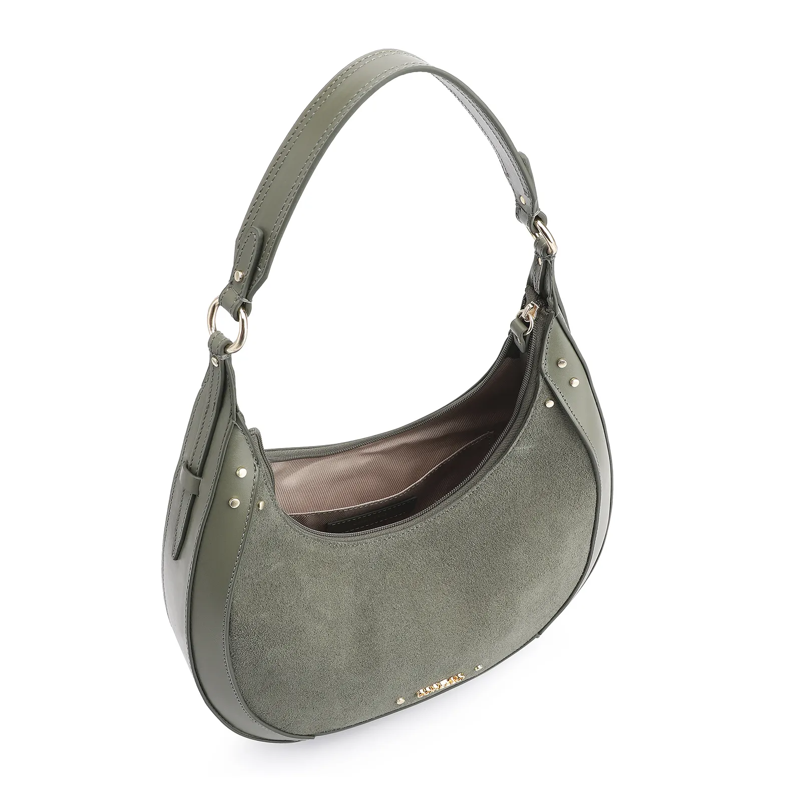 Bolsa De Ombro Rebites Couro Camurça Verde/Couro Verde