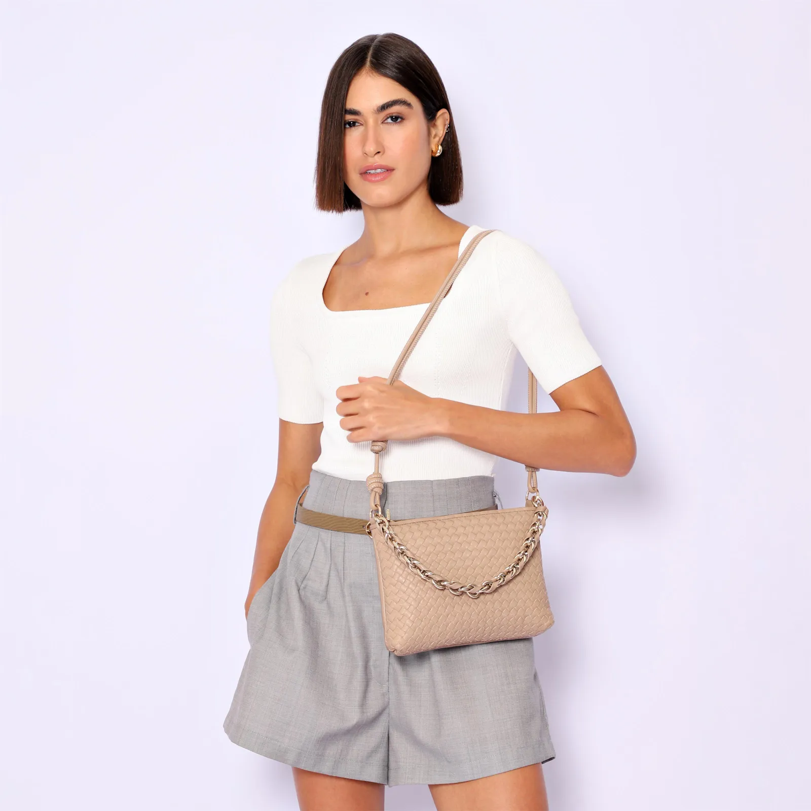 Bolsa De Ombro Tressê Couro Bege