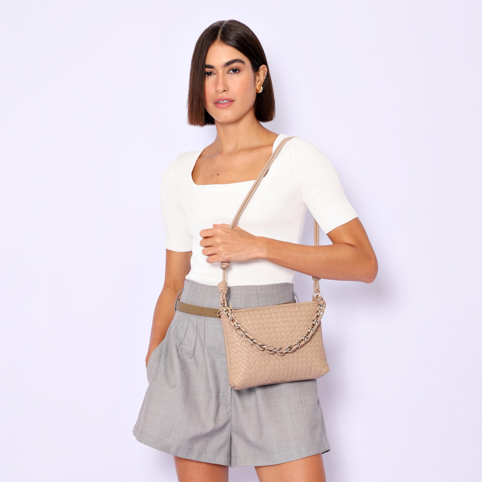 Bolsa De Ombro Tressê Couro Bege