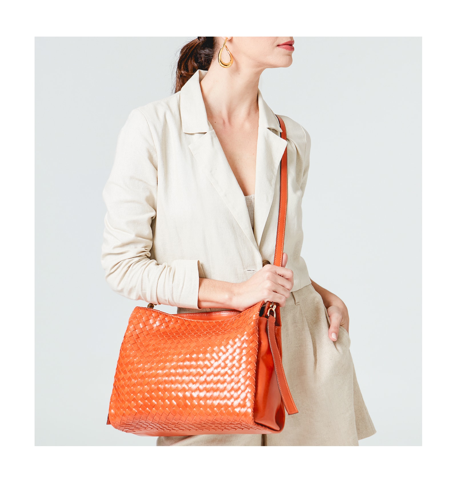Bolsa De Ombro Tressê Couro Laranja