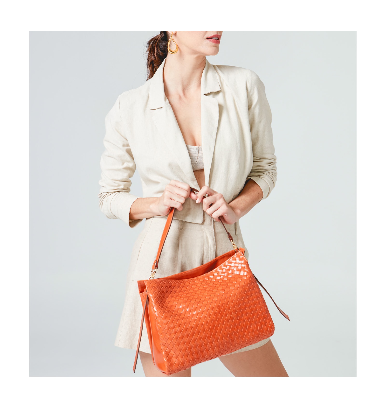 Bolsa De Ombro Tressê Couro Laranja