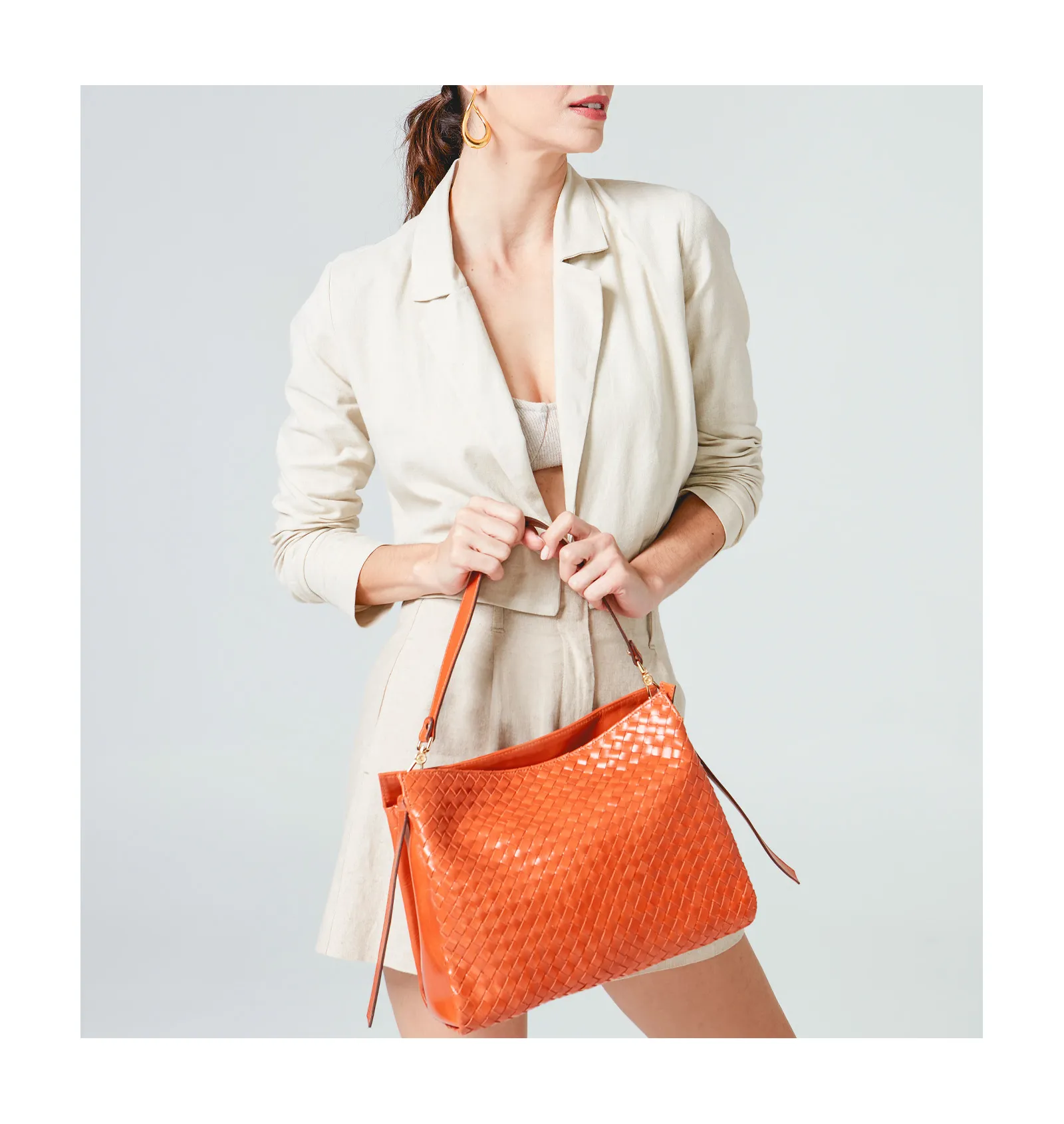 Bolsa De Ombro Tressê Couro Laranja