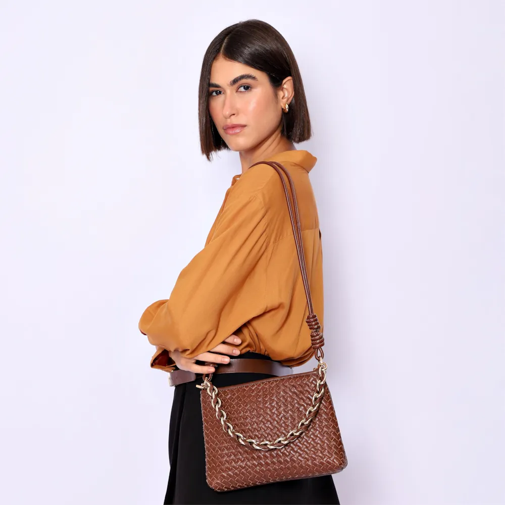 Bolsa De Ombro Tressê Couro Marrom - imagem 2