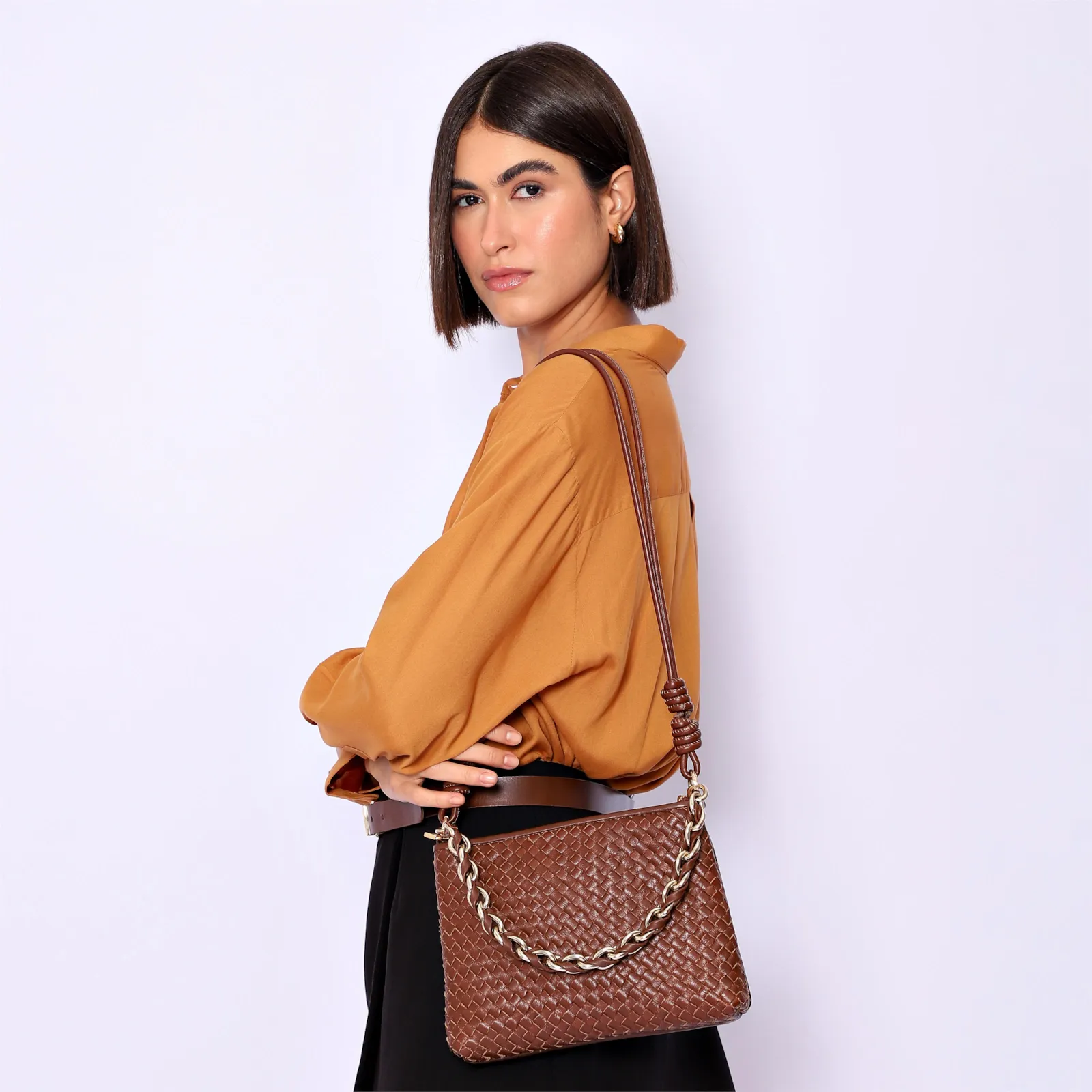 Bolsa De Ombro Tressê Couro Marrom