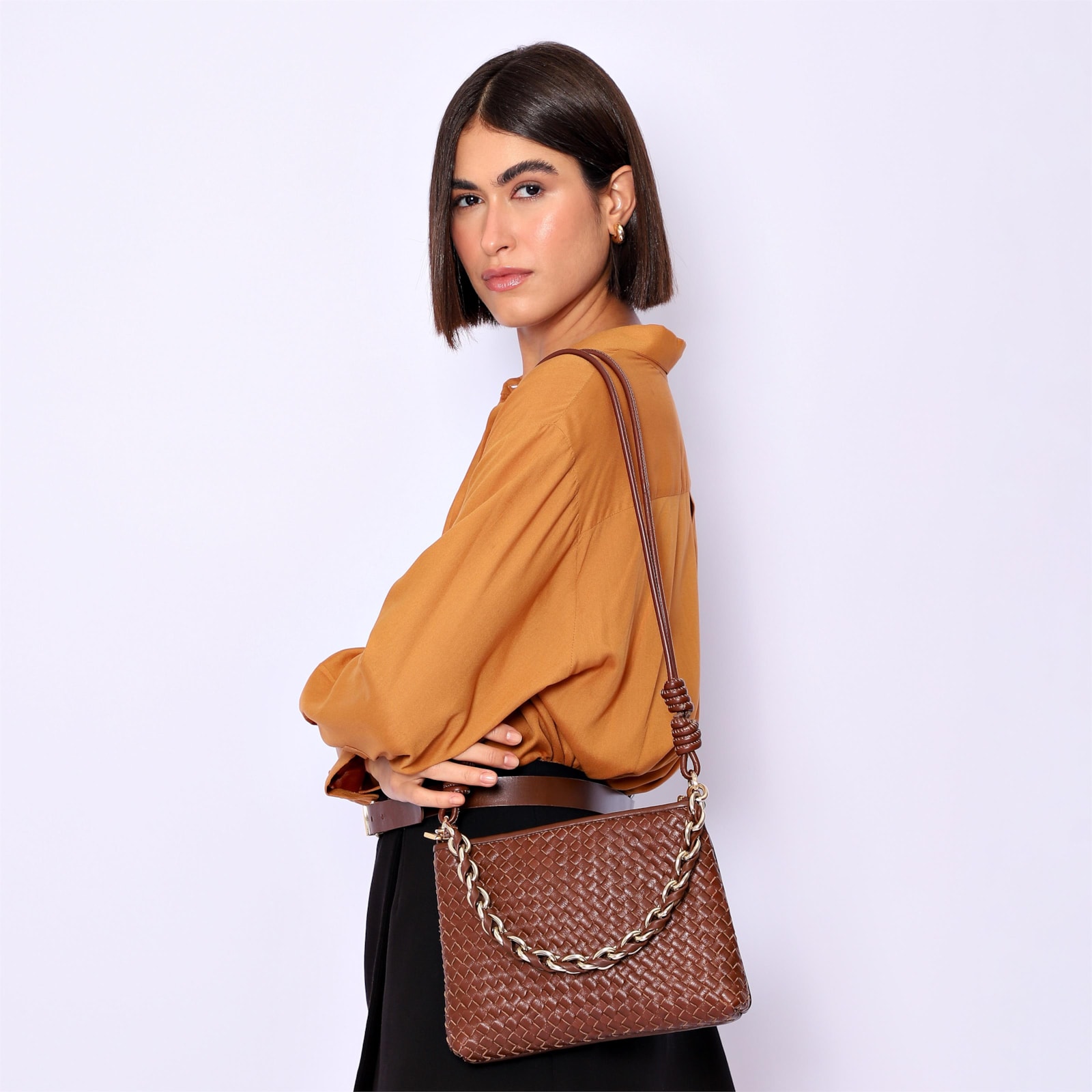 Bolsa De Ombro Tressê Couro Marrom