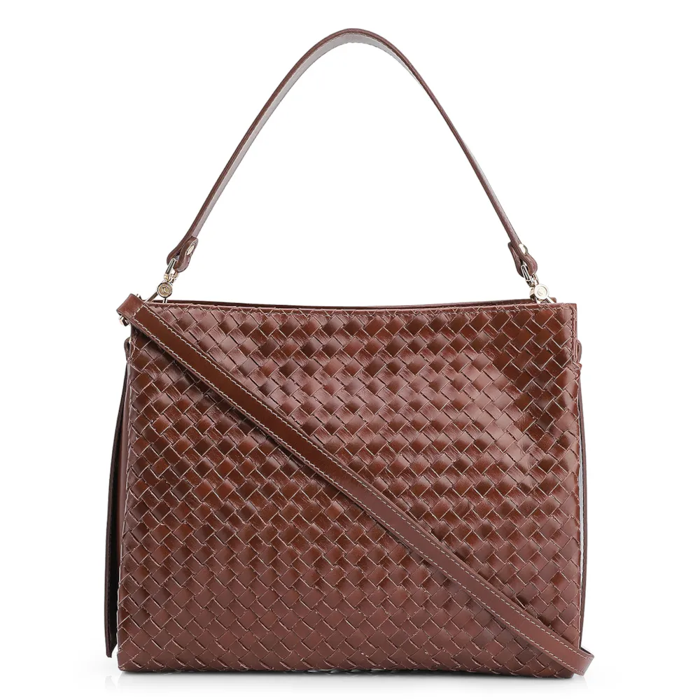 Bolsa De Ombro Tressê Couro Marrom Escuro