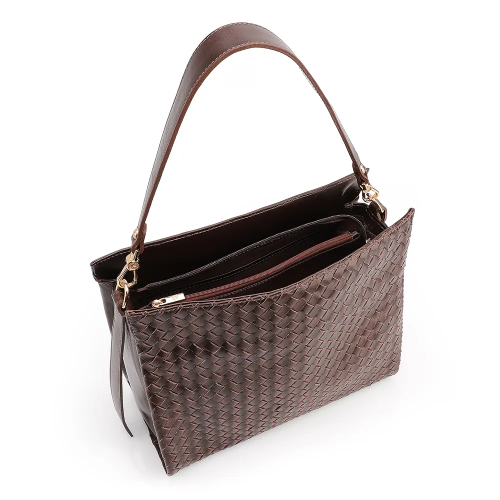 Bolsa De Ombro Tressê Couro Marrom Escuro - imagem 4