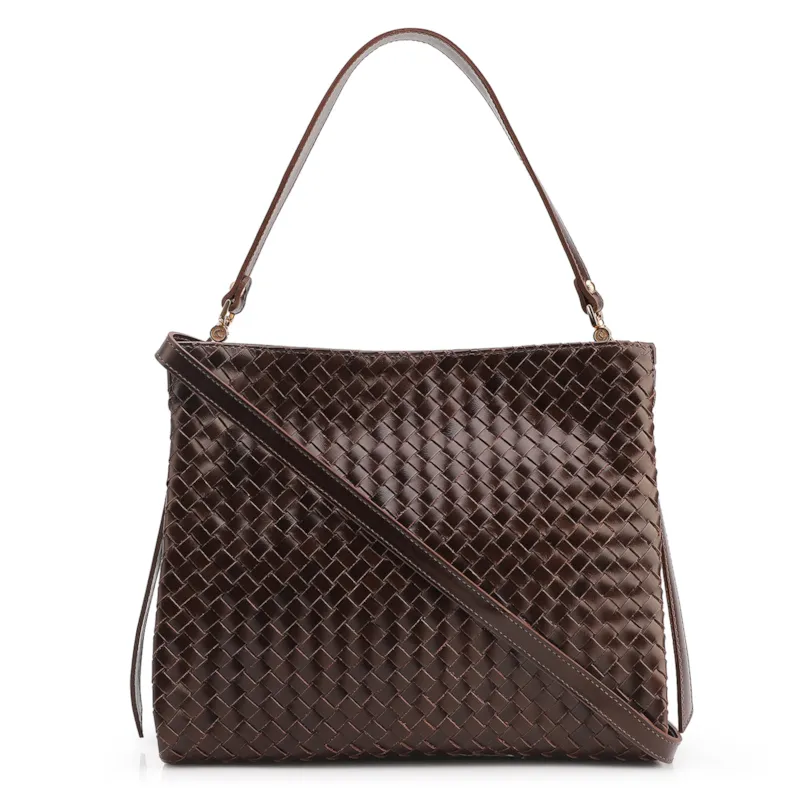 Bolsa De Ombro Tressê Couro Marrom Escuro