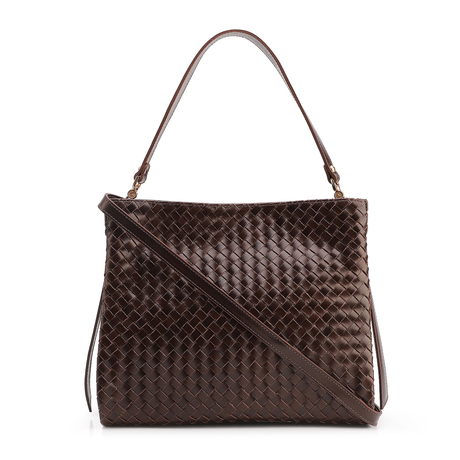 Bolsa De Ombro Tressê Couro Marrom Escuro