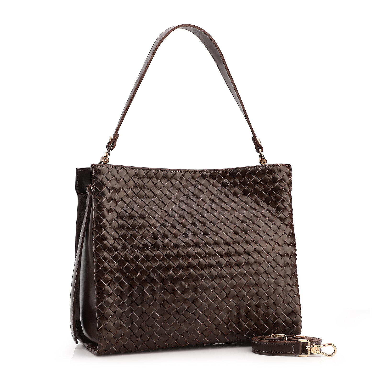 Bolsa De Ombro Tressê Couro Marrom Escuro
