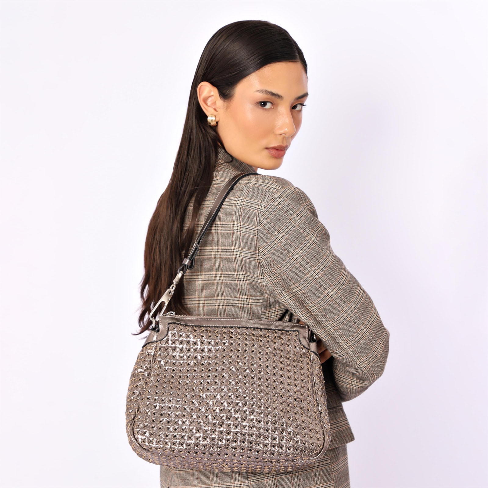 Bolsa De Ombro Tressê Couro Prata