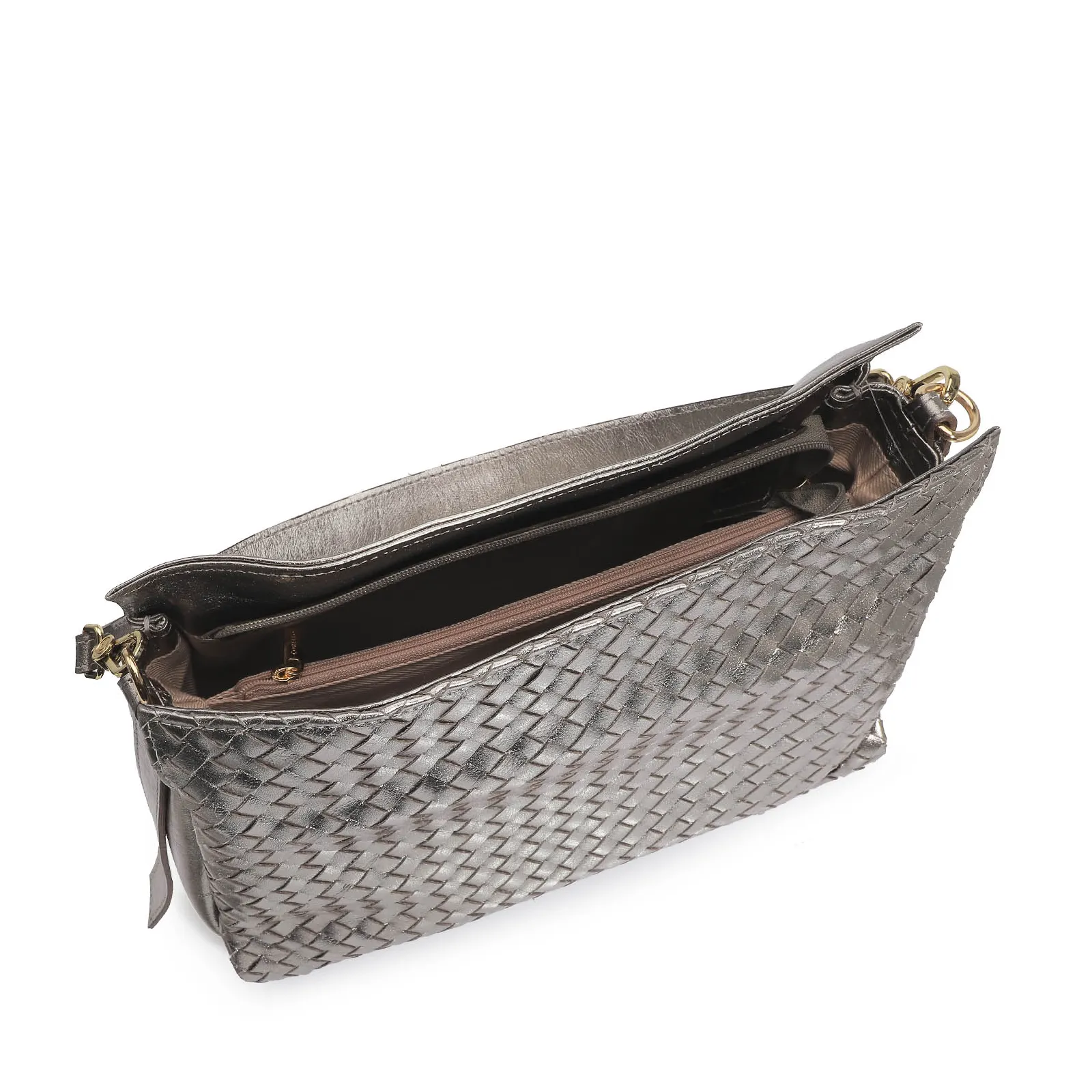 Bolsa De Ombro Tressê Couro Prata