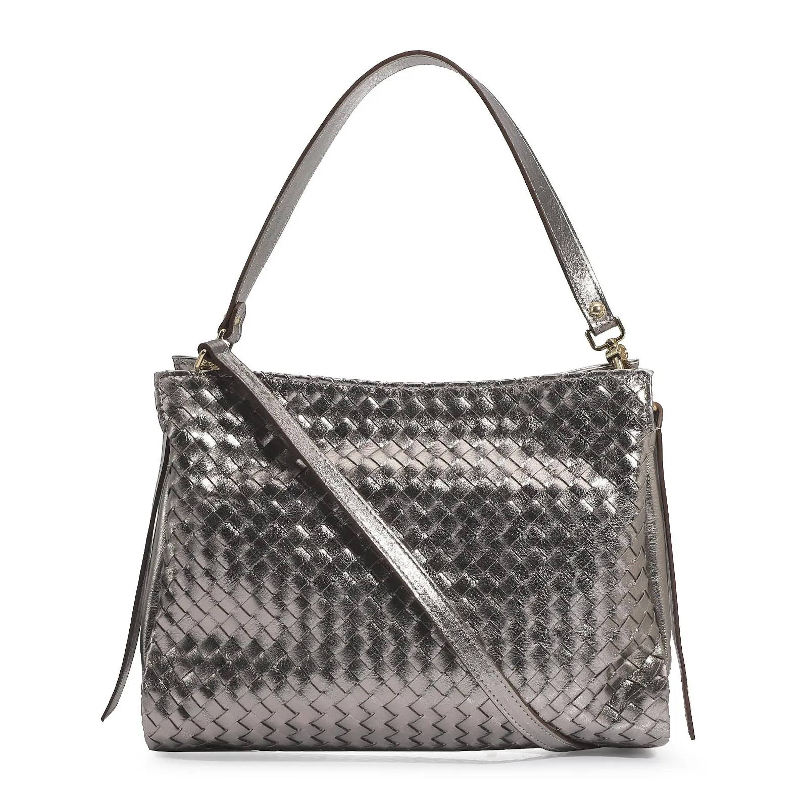 Bolsa De Ombro Tressê Couro Prata