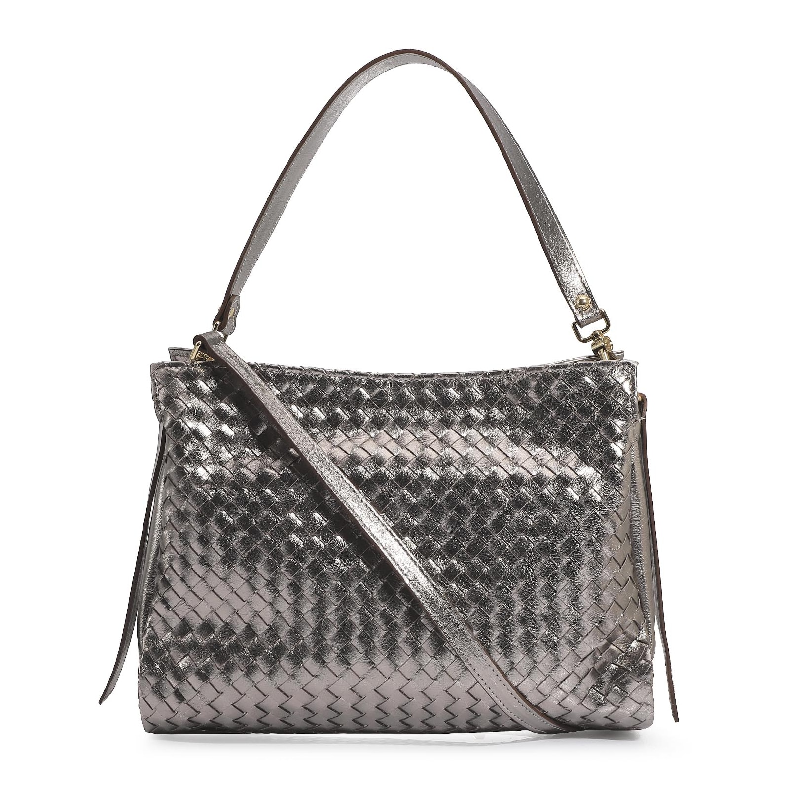Bolsa De Ombro Tressê Couro Prata