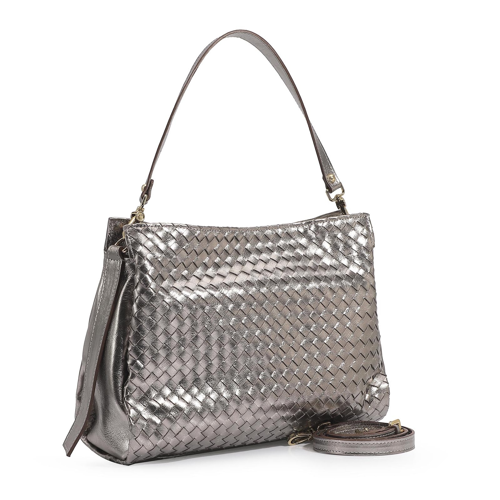 Bolsa De Ombro Tressê Couro Prata