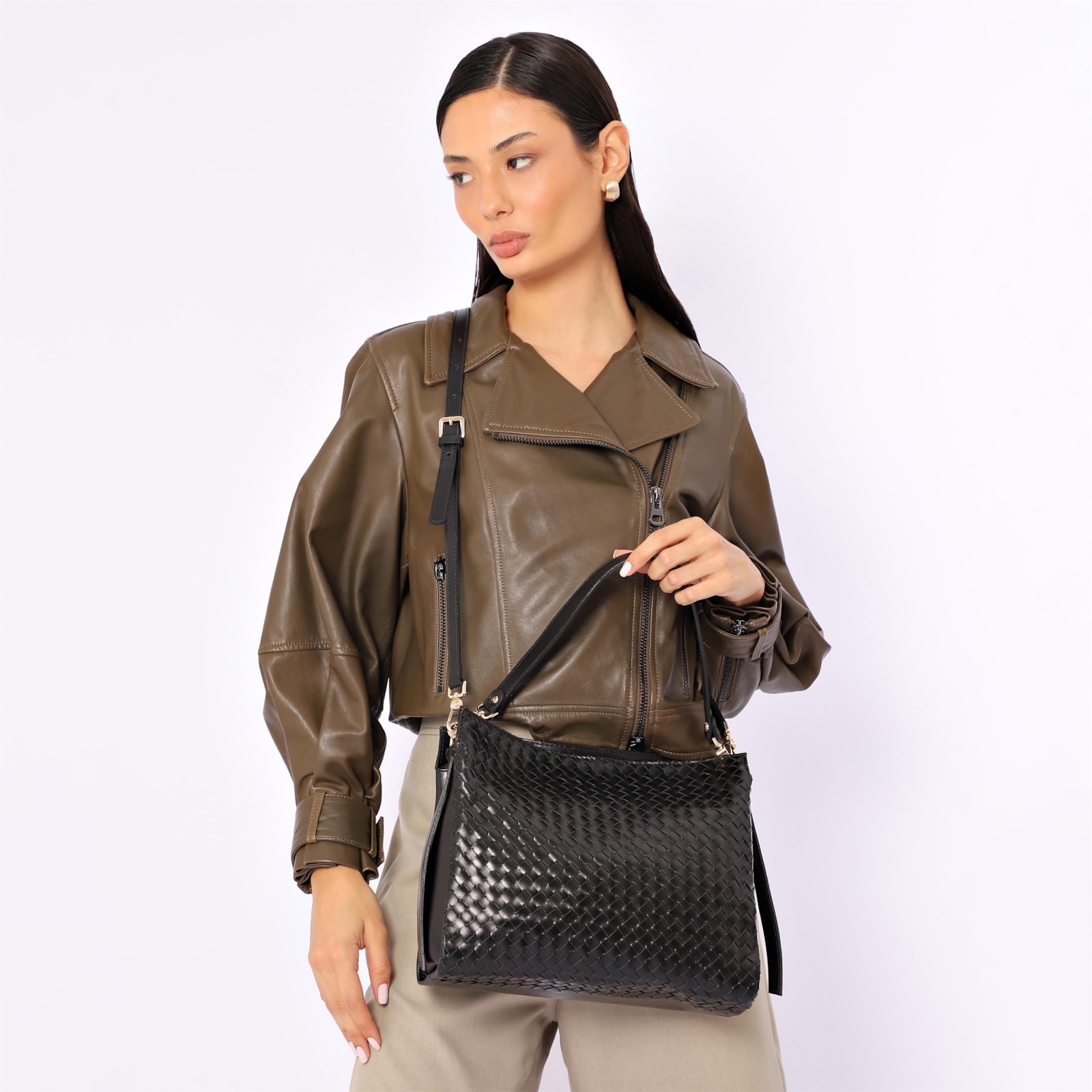Bolsa De Ombro Tressê Couro Preto